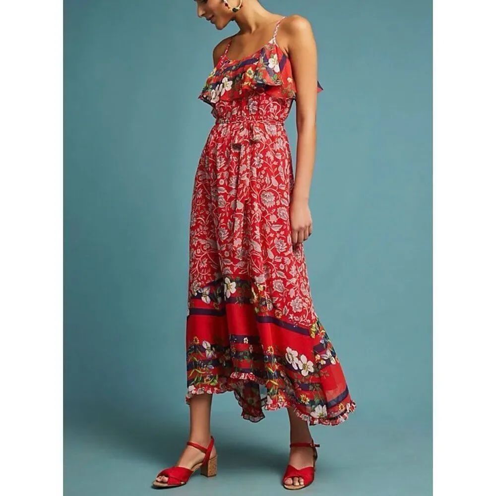 One September Anthropologie Multicolor Floral Tie Waist Sleeveless Maxi Dress Me